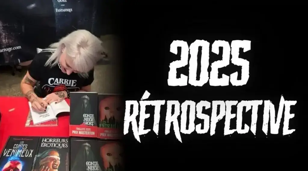 Violaine De Charnage en dédicace, illustrant la rétrospective de son année d’autrice d’horreur en 2025.