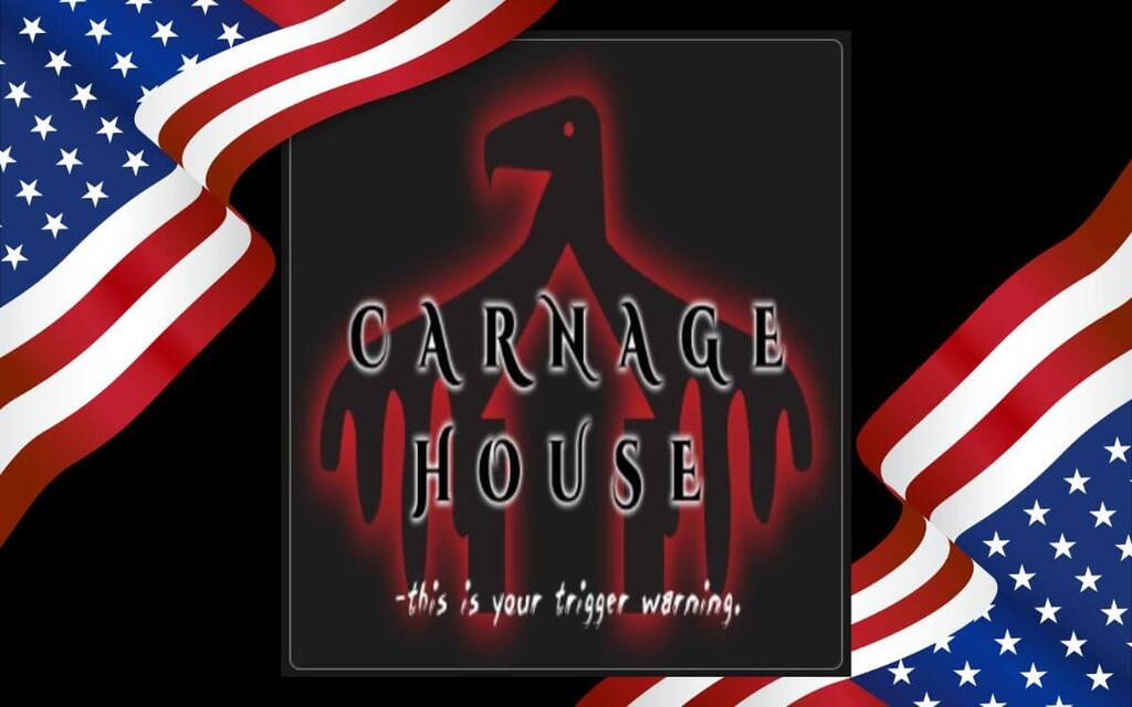 Logo de Carnage House entouré de drapeaux américains pour la première publication de Violaine De Charnage aux États-Unis